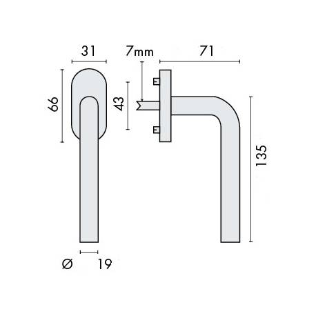 Béquille de fenêtre L19 mm modèle Project 02, . Inox brossé 304