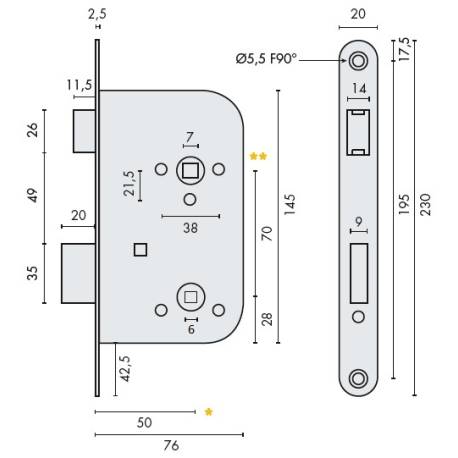 Serrure EXS 12, bec de cane à condamnation axe 50 mm NF bouts ronds aspect inox