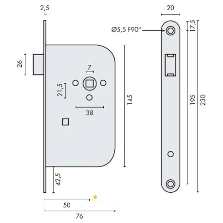Serrure EXS 11, bec de cane axe 50 mm NF-QC bouts ronds aspect inox