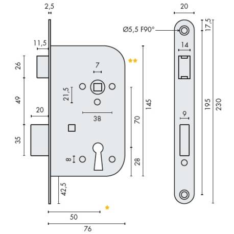 Serrure EXS 13, pêne dormant 1/2 tour clé L axe 50 mm NF bouts ronds inox