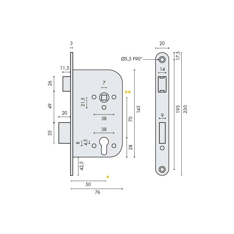 Serrure EXS 14, cylindre européen axe 50 mm NF bouts ronds aspect inox