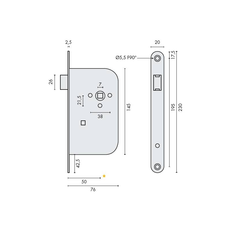 Serrure EXS 11, bec de cane axe 50 mm NF bouts ronds inox
