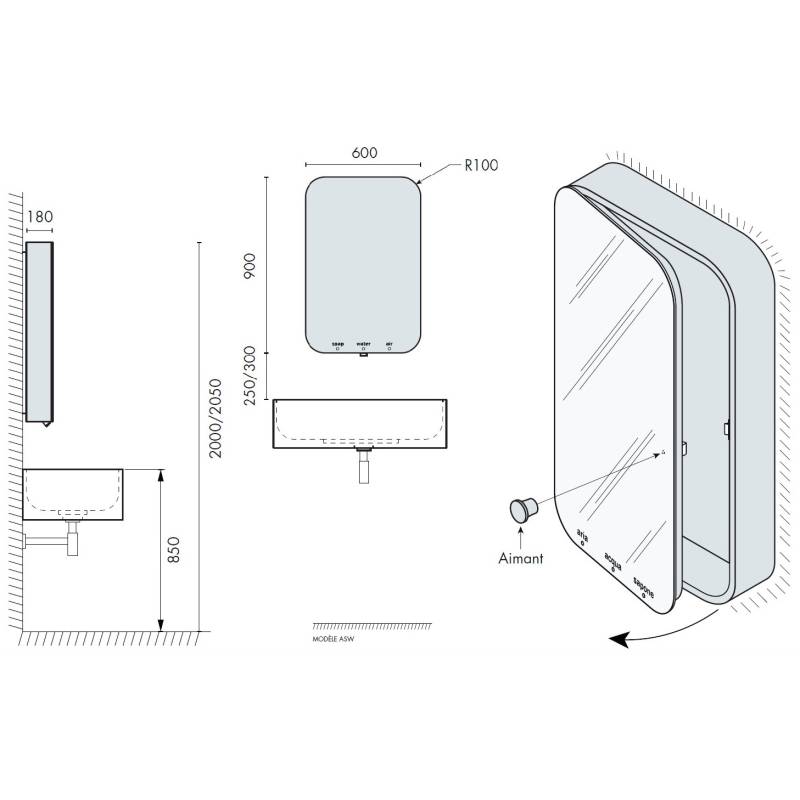 Meuble Supermiroir ASW comprenant Savon, eau et sèche mains éléctr + miroir.