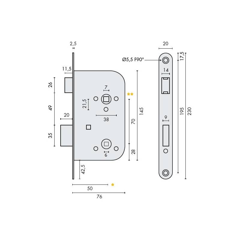 Serrure EXS 12, bec de cane à condamnation axe 50 mm NF-QC bouts ronds inox