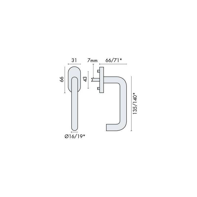 Béquille de fenêtre U16 mm modèle Project 03, . Inox brossé 304