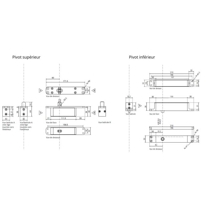 Ensemble pivots ST ONE G/TP70 Fx + plaques rectangulaires inox avec arrêt 0°&amp;90°