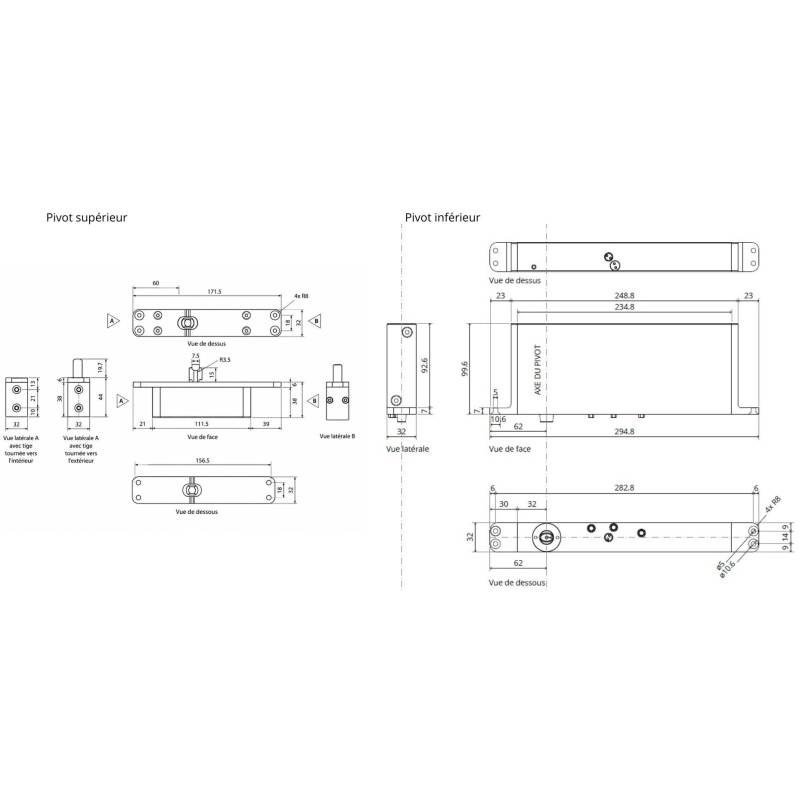 Ensemble pivot Système M+ réf. STM+C/TP70 avec plaque rectangulaire flush  inox