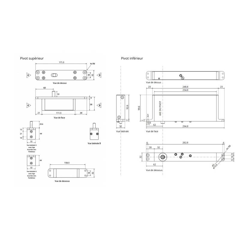 Ensemble pivot Système M+ réf. STM+B/TP70 avec plaque rectangulaire flush  inox