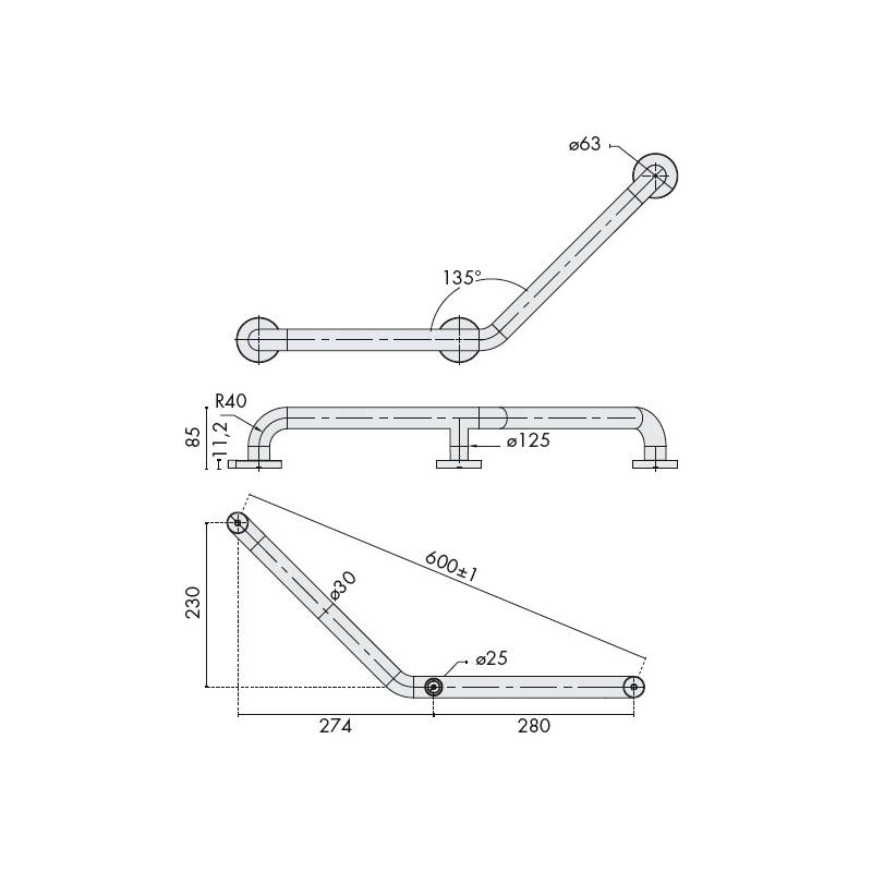 Barre d'appui coudée à 135° droite, inox brossé 304